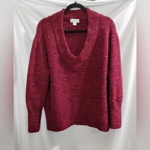 AVA & VIV Ladies Size 1X Red Metallic Sparkly V Neck Pullover Sweater Holiday